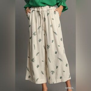 #322 Wide-Leg Drawstring Linen-Blend Pants in Cream with Green Print